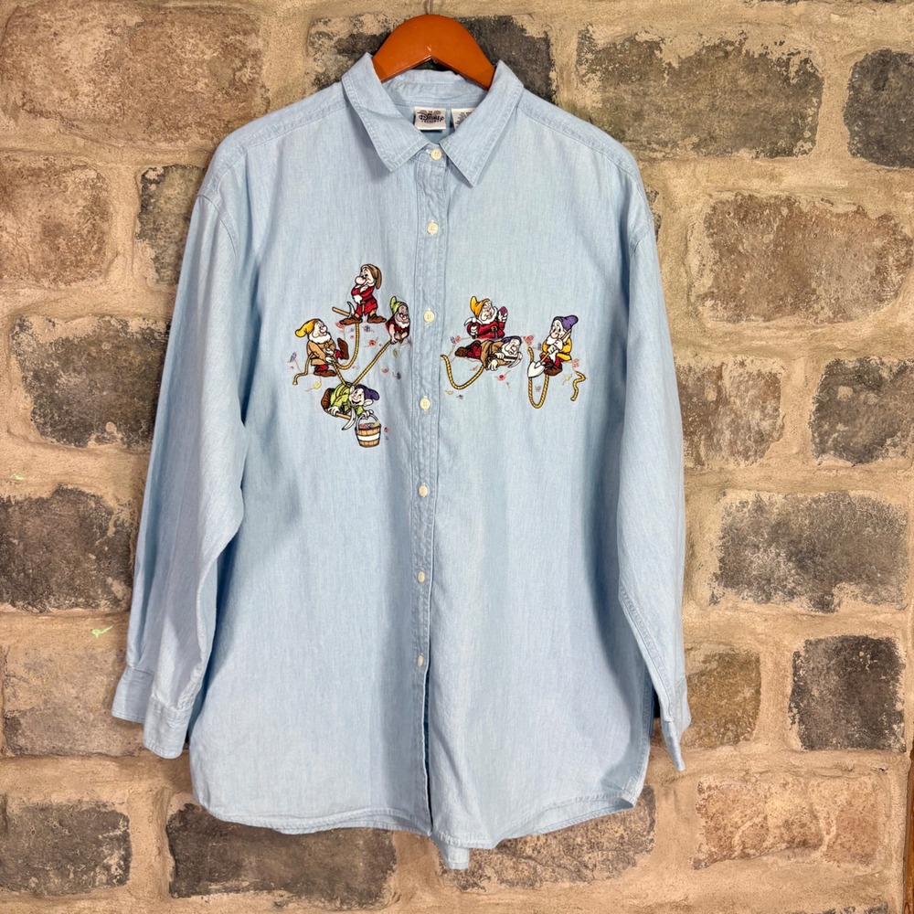 Vintage Disney Catalog Seven Dwarfs Embroidered Chambray Shirt Blue XL 90s